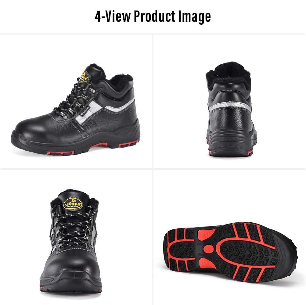 Imagen de cuatro vistas de Safetoe Botas de seguridad de invierno con aislamiento M-8027 que muestran vistas lateral, trasera, frontal y suela exterior antideslizante 