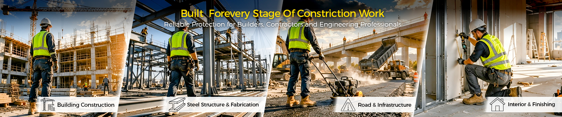 Soluciones de calzado de seguridad para la construcción que muestran a constructores, contratistas y trabajadores industriales en entornos de construcción, infraestructura y mantenimiento.