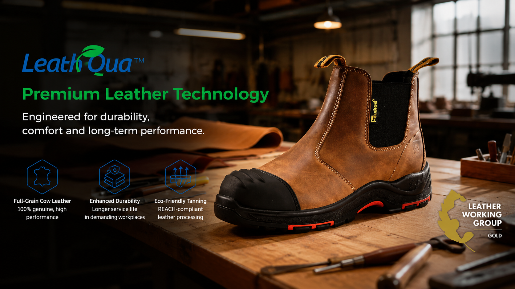 Bota de seguridad Chelsea de cuero marr&oacute;n con tecnolog&iacute;a de cuero premium LeathQua en un taller de calzado