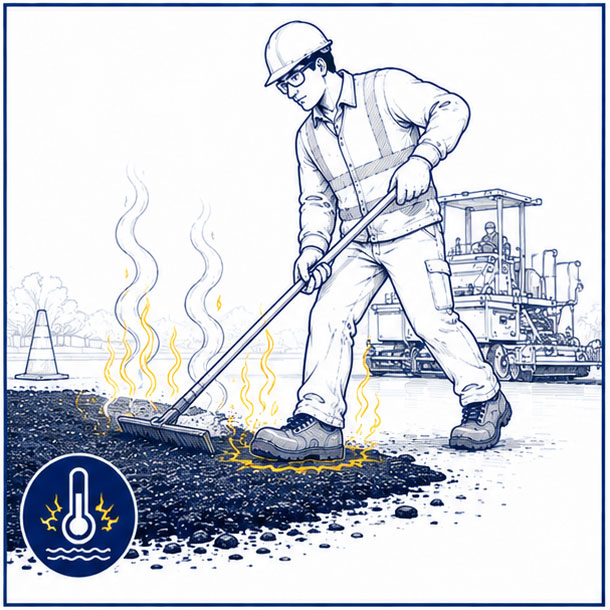 Trabajador pisando una superficie de alta temperatura, lo que ilustra los peligros del asfalto caliente y el calor en los trabajos de pavimentaci&oacute;n de carreteras.