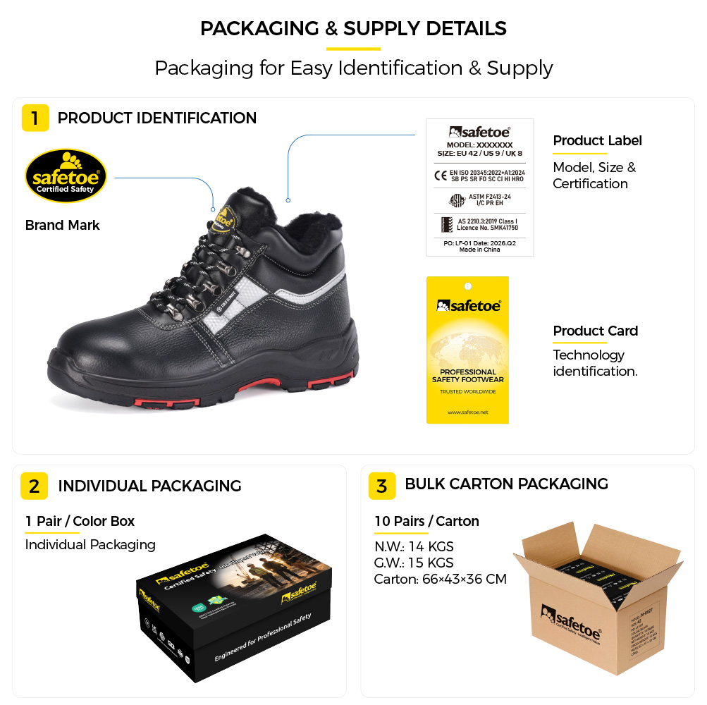 Safetoe Detalles del empaque de las botas de seguridad de invierno M-8027 que muestran la etiqueta del producto, la caja de zapatos individual y el suministro de cajas de cart&oacute;n a granel