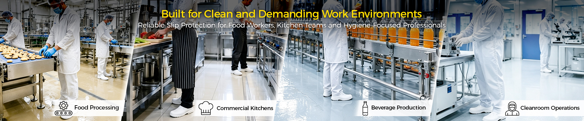 Calzado de seguridad para alimentos y salas limpias para trabajadores de procesamiento de alimentos, profesionales de la cocina y lugares de trabajo con higiene controlada.