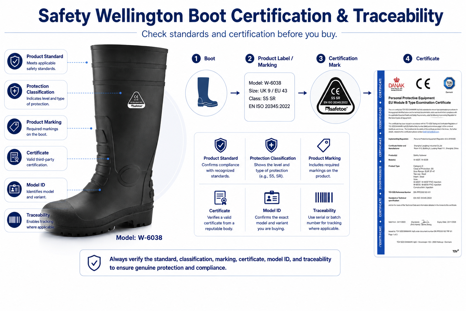 Etiqueta de marcado de certificaci&oacute;n de botas de agua de seguridad e identificaci&oacute;n del producto