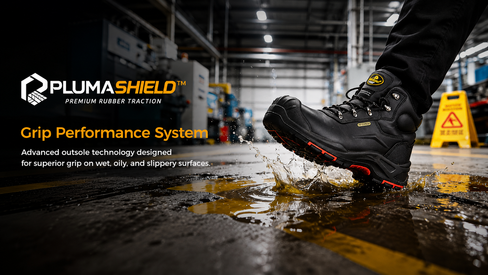 Suela exterior de bota de seguridad antideslizante PlumaShield que proporciona tracci&oacute;n en pisos industriales mojados, aceitosos y resbaladizos.
