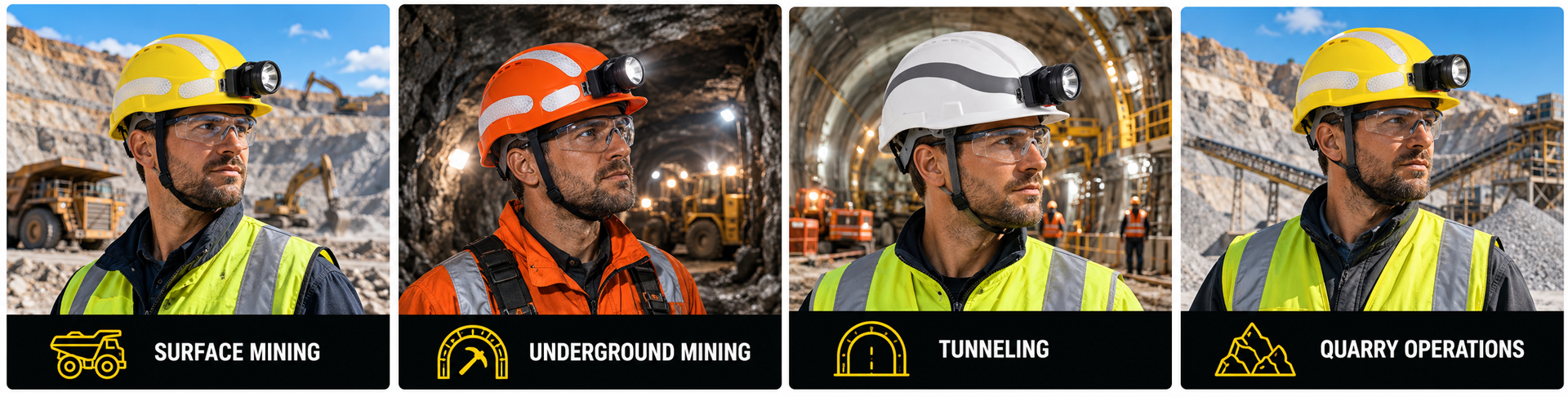 Cascos de seguridad para minería para operaciones de minería a cielo abierto, minería subterránea, túneles y canteras.