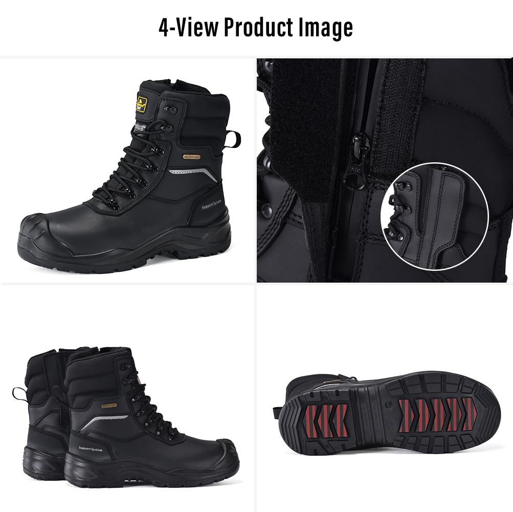 Imagen de cuatro vistas de Safetoe Botas de seguridad para invierno H-9552 IceGrip que muestran una vista lateral, cremallera lateral impermeable, perfil trasero y suela exterior con agarre para hielo 