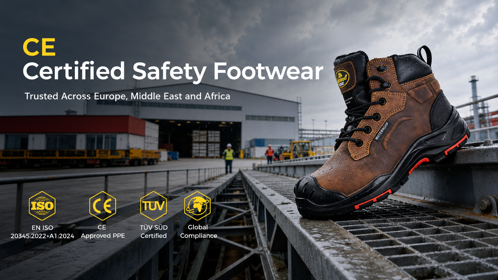 Bota de seguridad impermeable con certificaci&oacute;n CE para lugares de trabajo industriales, conforme a EN ISO 20345:2022+A1:2024