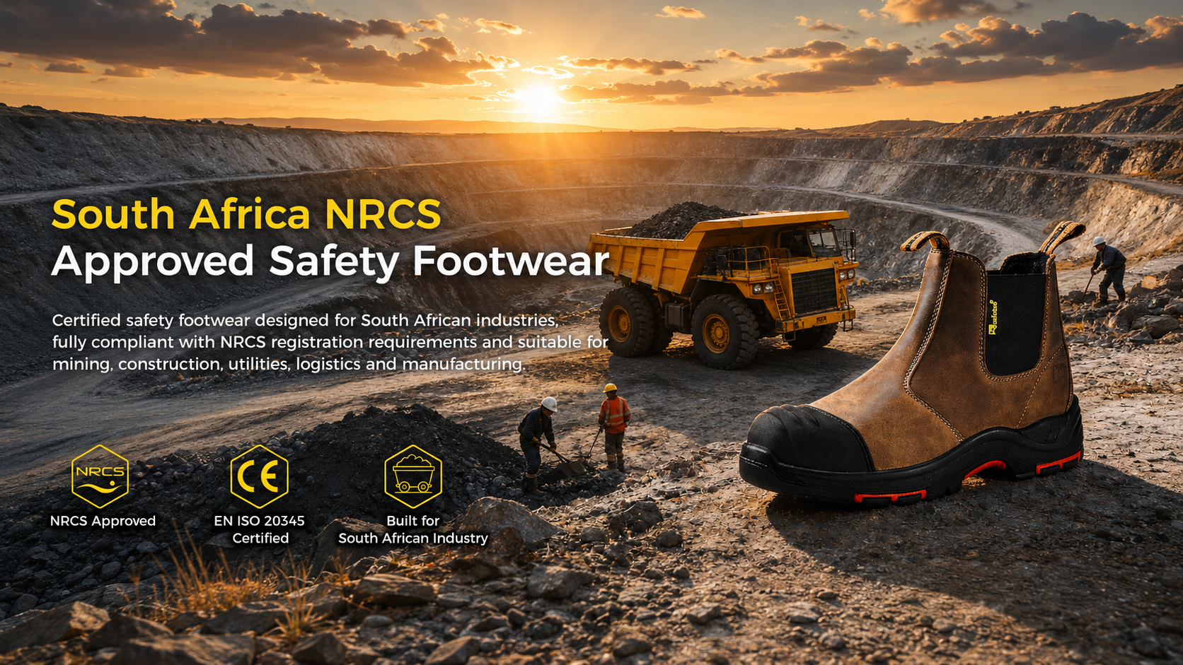 Bota de seguridad marr&oacute;n expuesta en una mina a cielo abierto de Sud&aacute;frica, promocionando el calzado de seguridad aprobado por el NRCS para las industrias mineras