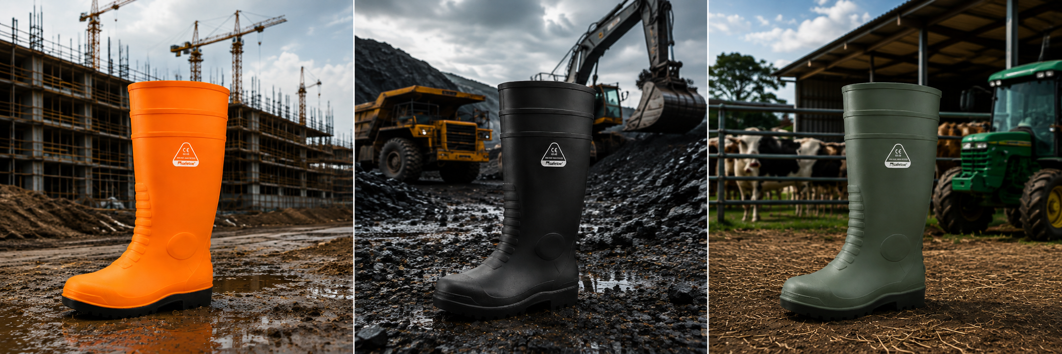 Botas de seguridad Wellington para trabajos de construcci&oacute;n, miner&iacute;a y agricultura.