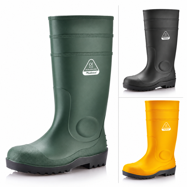 Botas de seguridad de PVC S5 W-6037 en verde, negro y amarillo