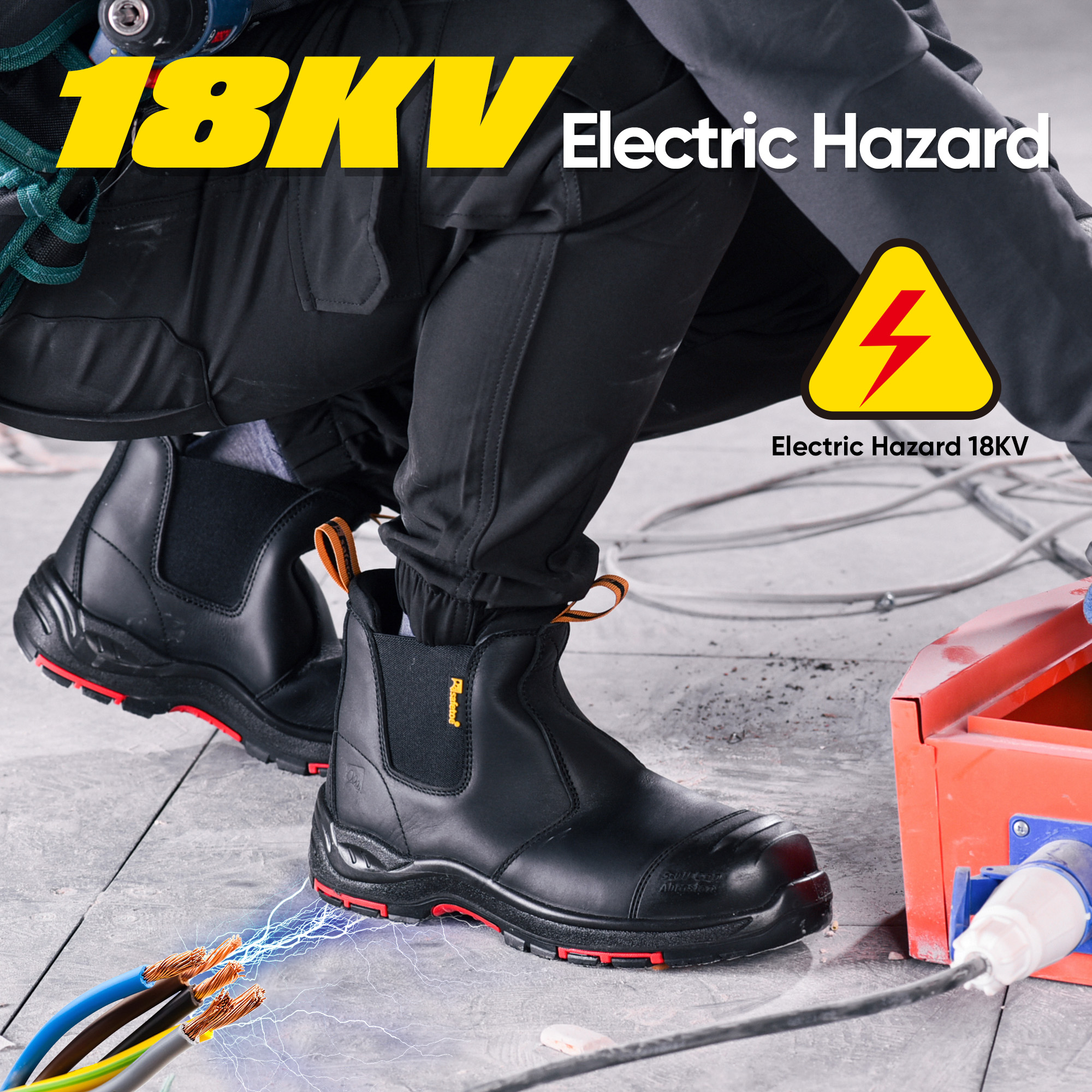 Botas de seguridad sin cordones de cuero negro con puntera compuesta y protección de Kevlar | M-8025NBK