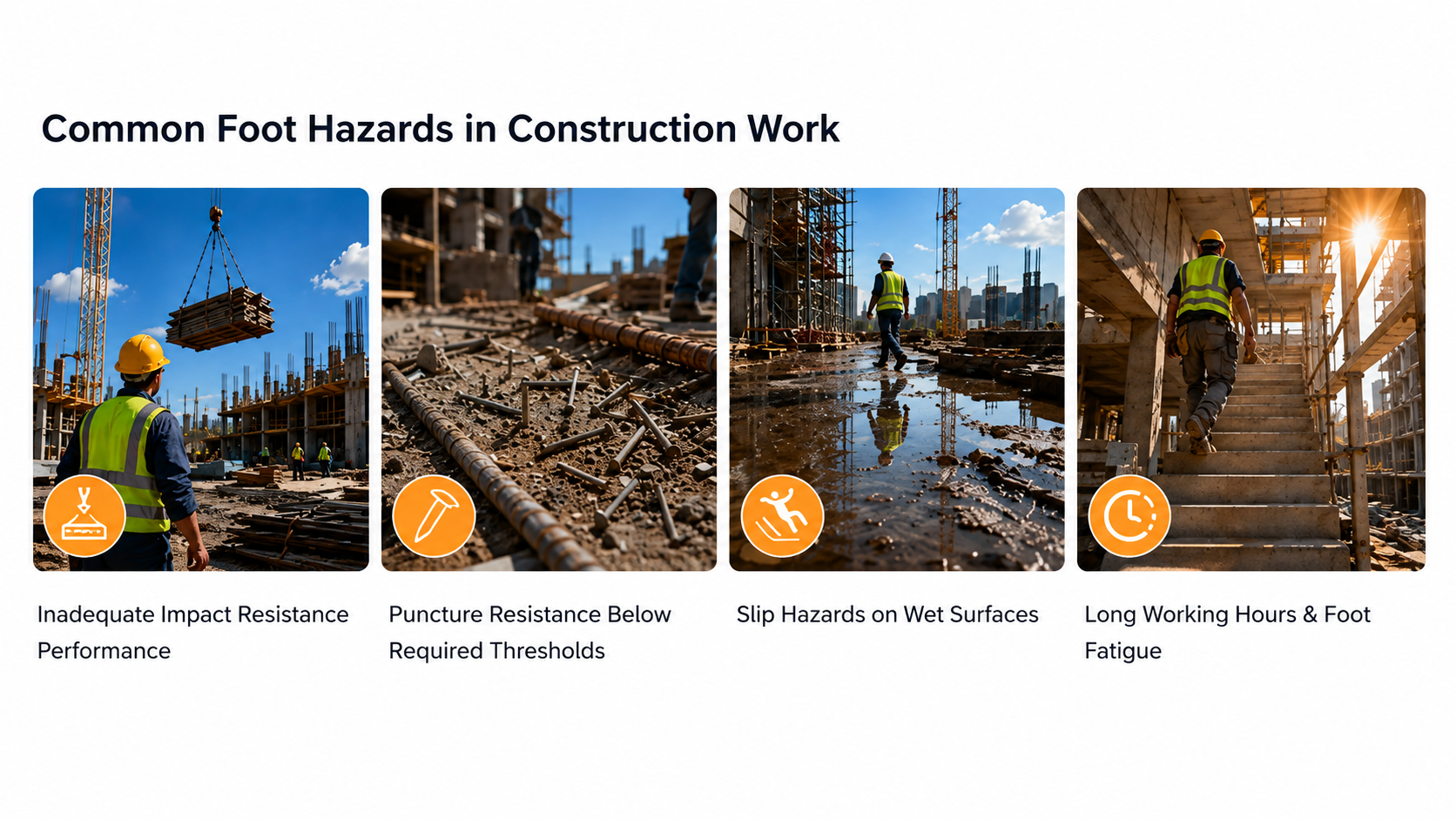 Peligros comunes para los pies en trabajos de construcci&oacute;n, incluidos riesgos de impacto, punci&oacute;n, resbalones y fatiga.