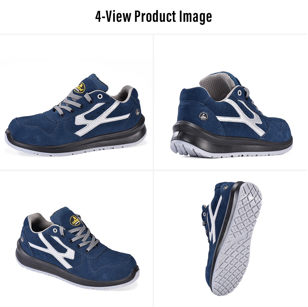 Varias vistas de los zapatos de seguridad ESD sin metal L-7328 de color azul con parte superior de gamuza de vaca. 