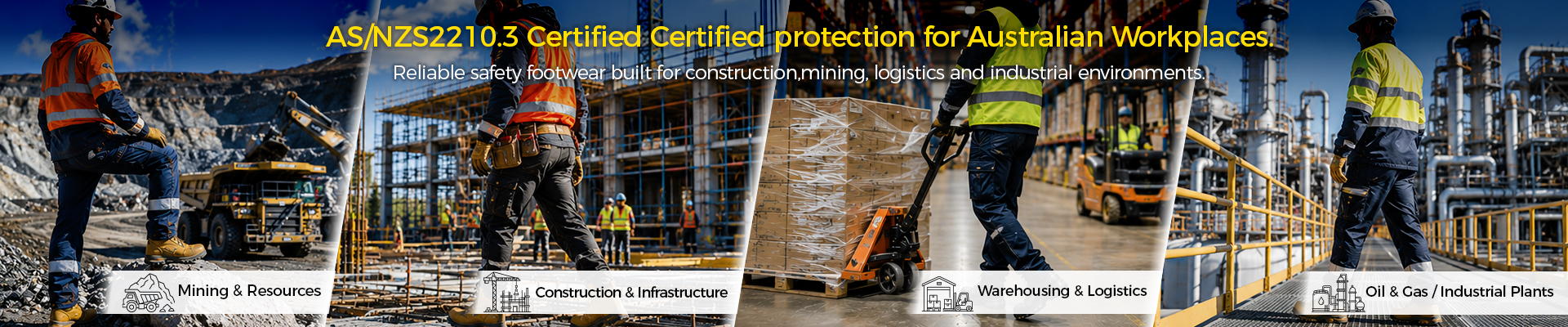 Calzado de seguridad certificado por AS/NZS para lugares de trabajo en Australia y Nueva Zelanda, incluidos entornos de construcción, minería, logística e industriales.