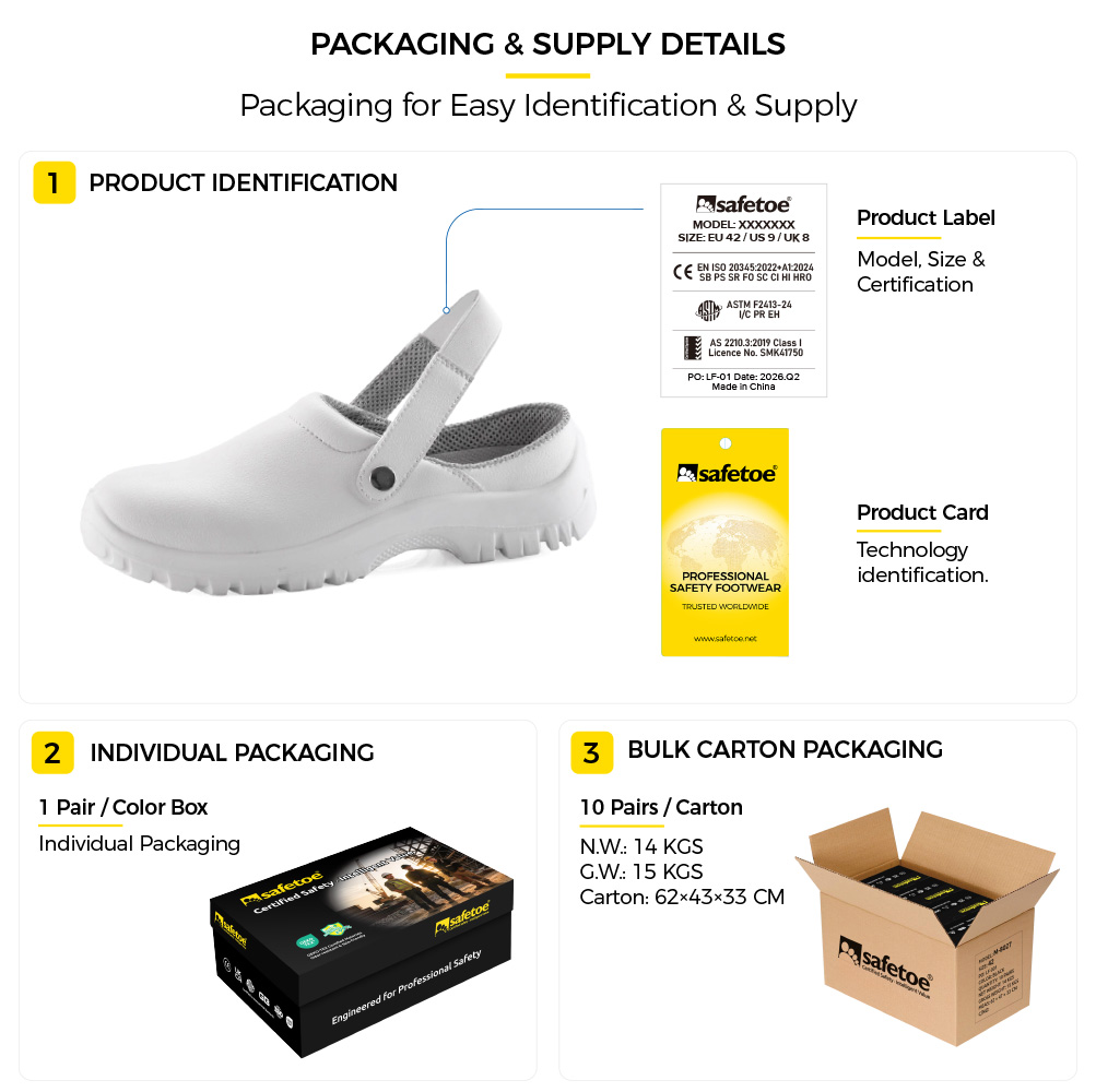 Safetoe Zapatos de seguridad de cocina blancos L-7096 con etiqueta de producto, caja de zapatos individual y empaque de cart&oacute;n a granel