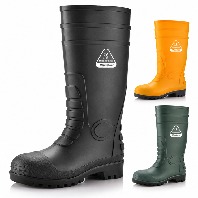 Botas de agua de seguridad S5 W-6038 disponibles en negro, amarillo y verde