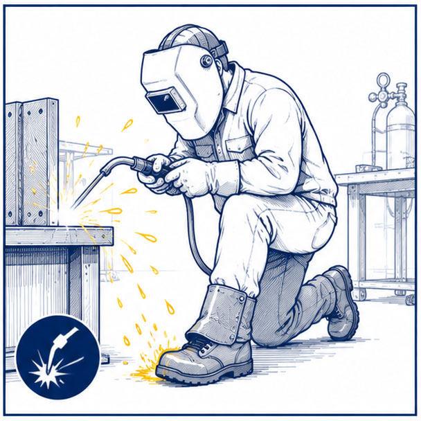 Soldador trabajando cerca de chispas y salpicaduras de metal caliente, lo que ilustra los peligros para los pies en lugares de trabajo de soldadura y la necesidad de botas protectoras de seguridad para soldar.
