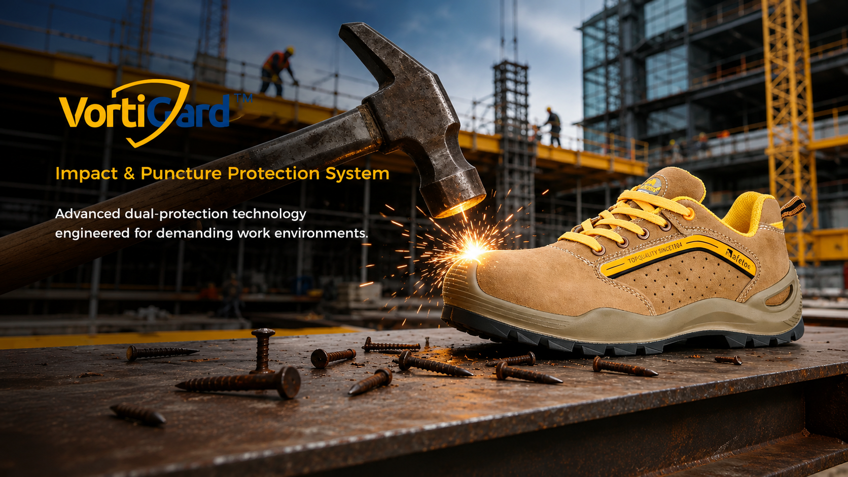 Zapato de seguridad VortiGard con protecci&oacute;n contra impactos y pinchazos, probado contra la ca&iacute;da de herramientas, clavos y escombros de construcci&oacute;n afilados.