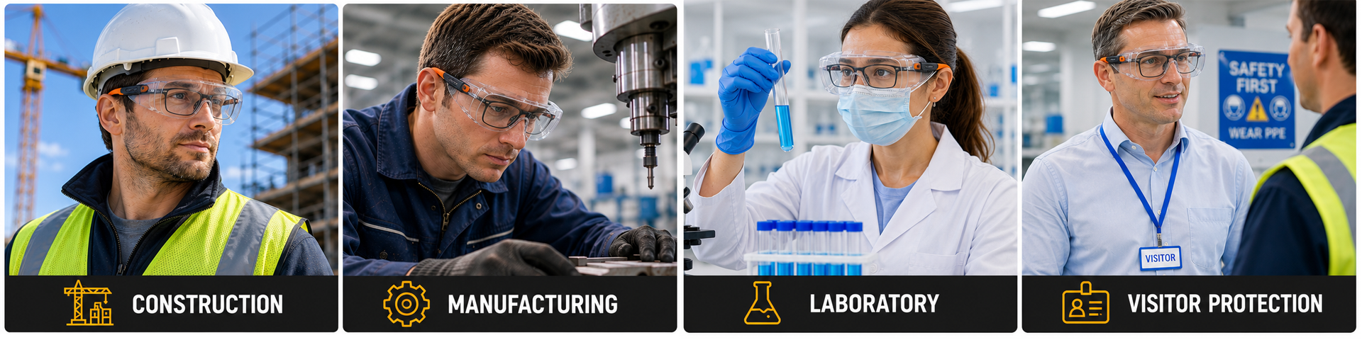 Gafas y gafas de seguridad OTG que se usan sobre gafas graduadas en lugares de trabajo industriales