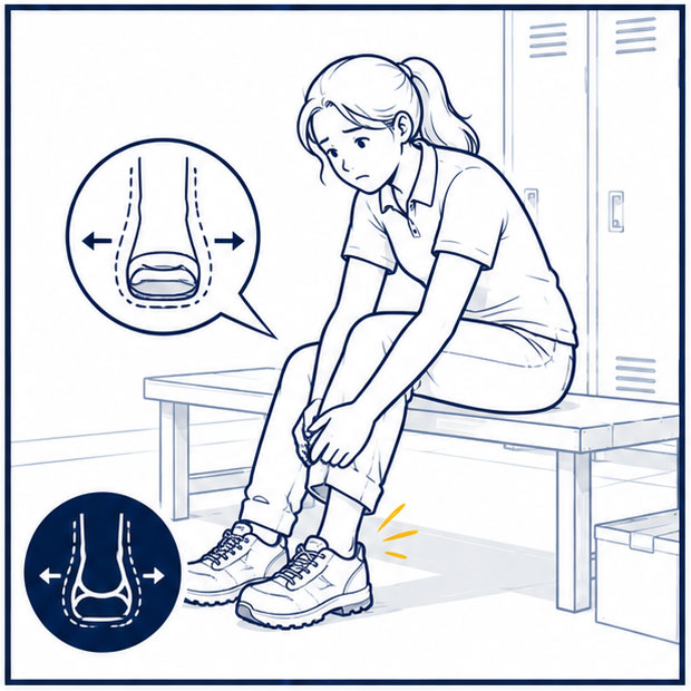 Trabajadora que experimenta molestias debido a zapatos de seguridad mal ajustados dise&ntilde;ados con hormas unisex o masculinas