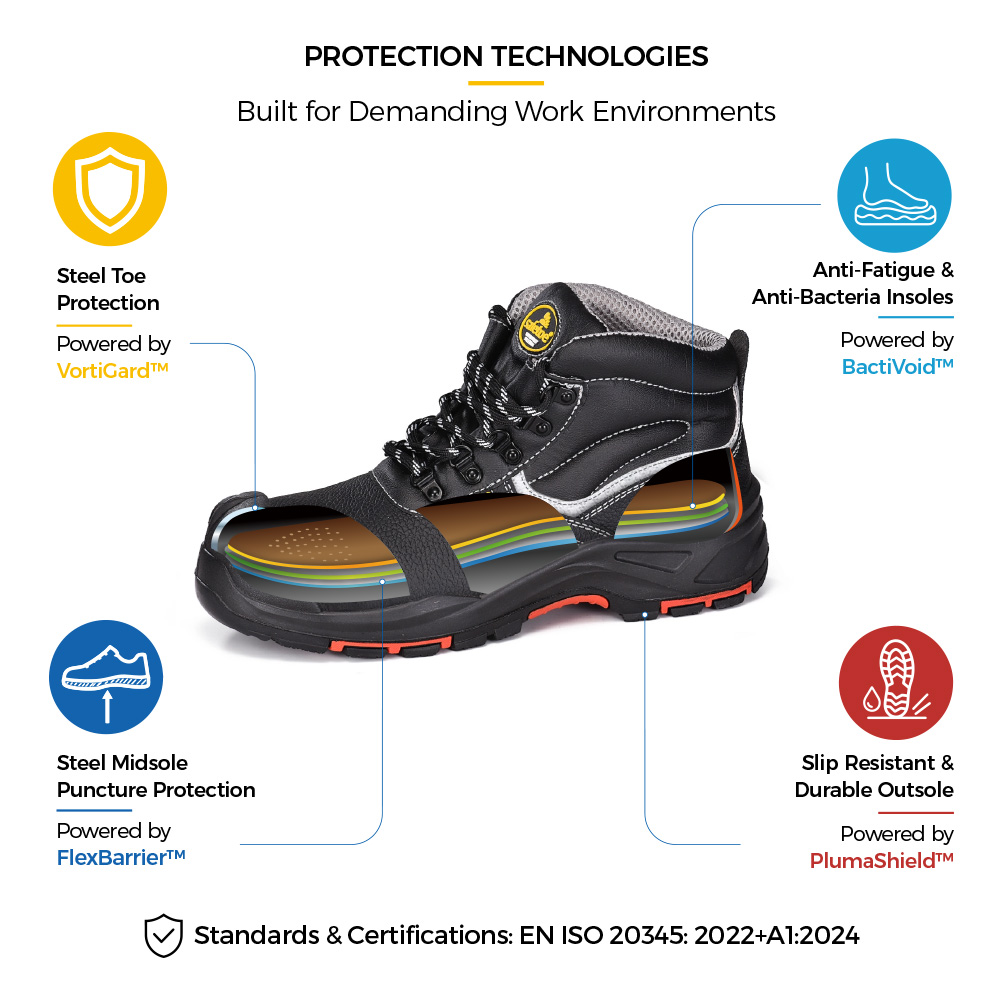 M-8520PRST SiteShield Max Zapatos de seguridad para construcci&oacute;n industrial de cuero de vaca negro con construcci&oacute;n protectora 