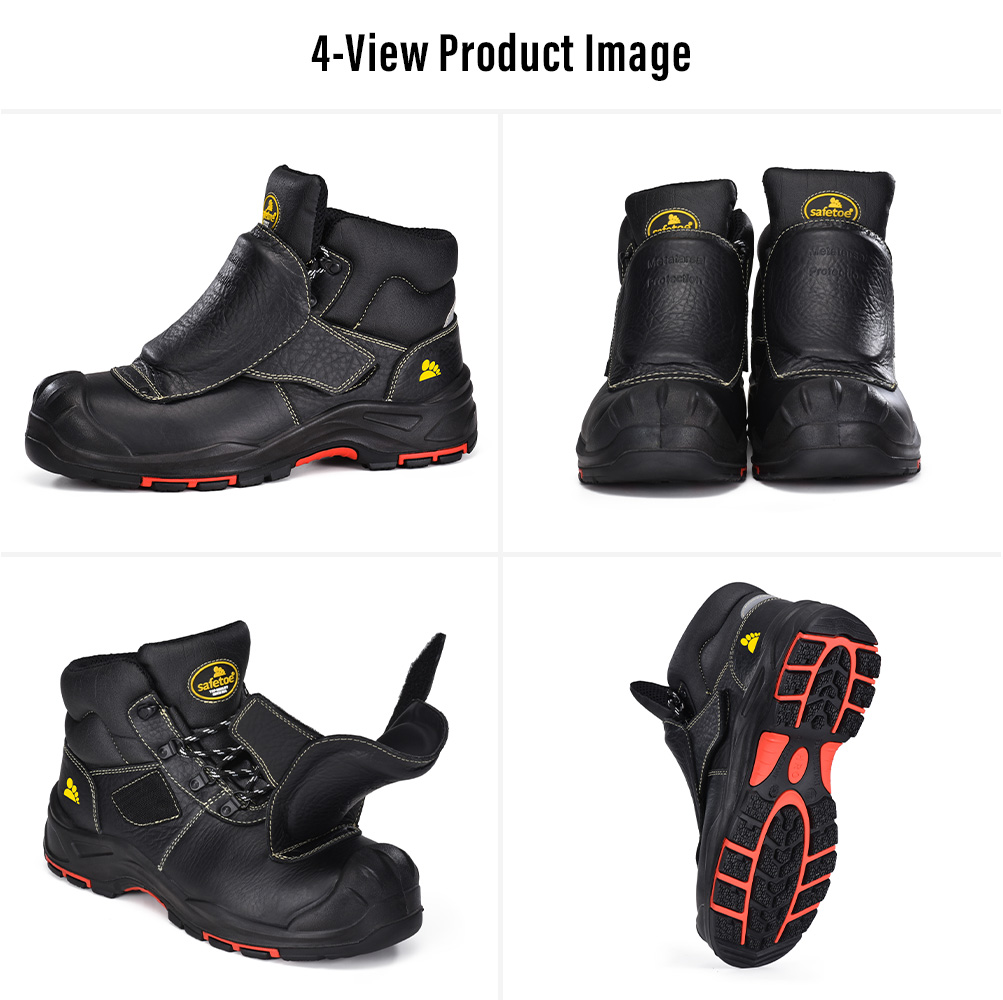 Cuatro vistas de Safetoe Botas de seguridad para soldadura metatarsianas M-8387MP que muestran la protecci&oacute;n metatarsiana externa, cubierta protectora para soldadura y suela exterior 