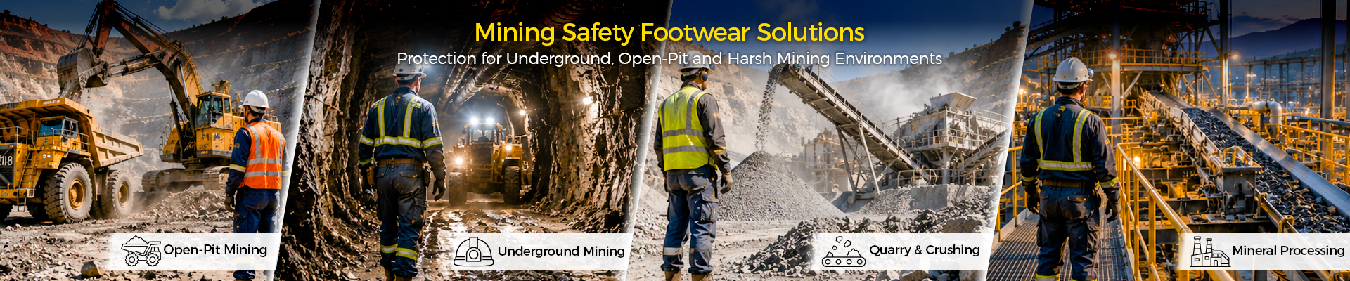 Botas de seguridad para minería diseñadas para minas subterráneas, operaciones mineras a cielo abierto y entornos mineros hostiles.