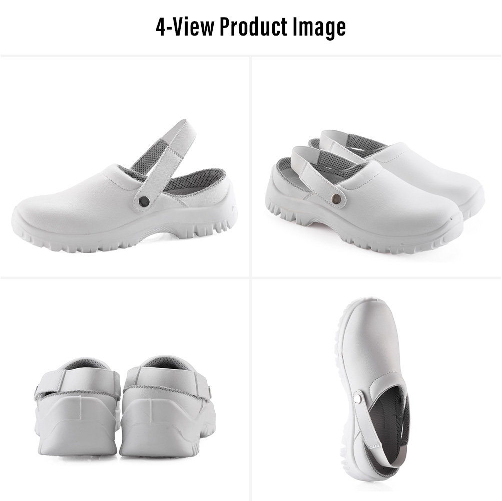 Cuatro vistas de Safetoe Zapatos de seguridad de cocina blancos L-7096 con punta de acero, correa ajustable en el tal&oacute;n y suela de PU antideslizante 