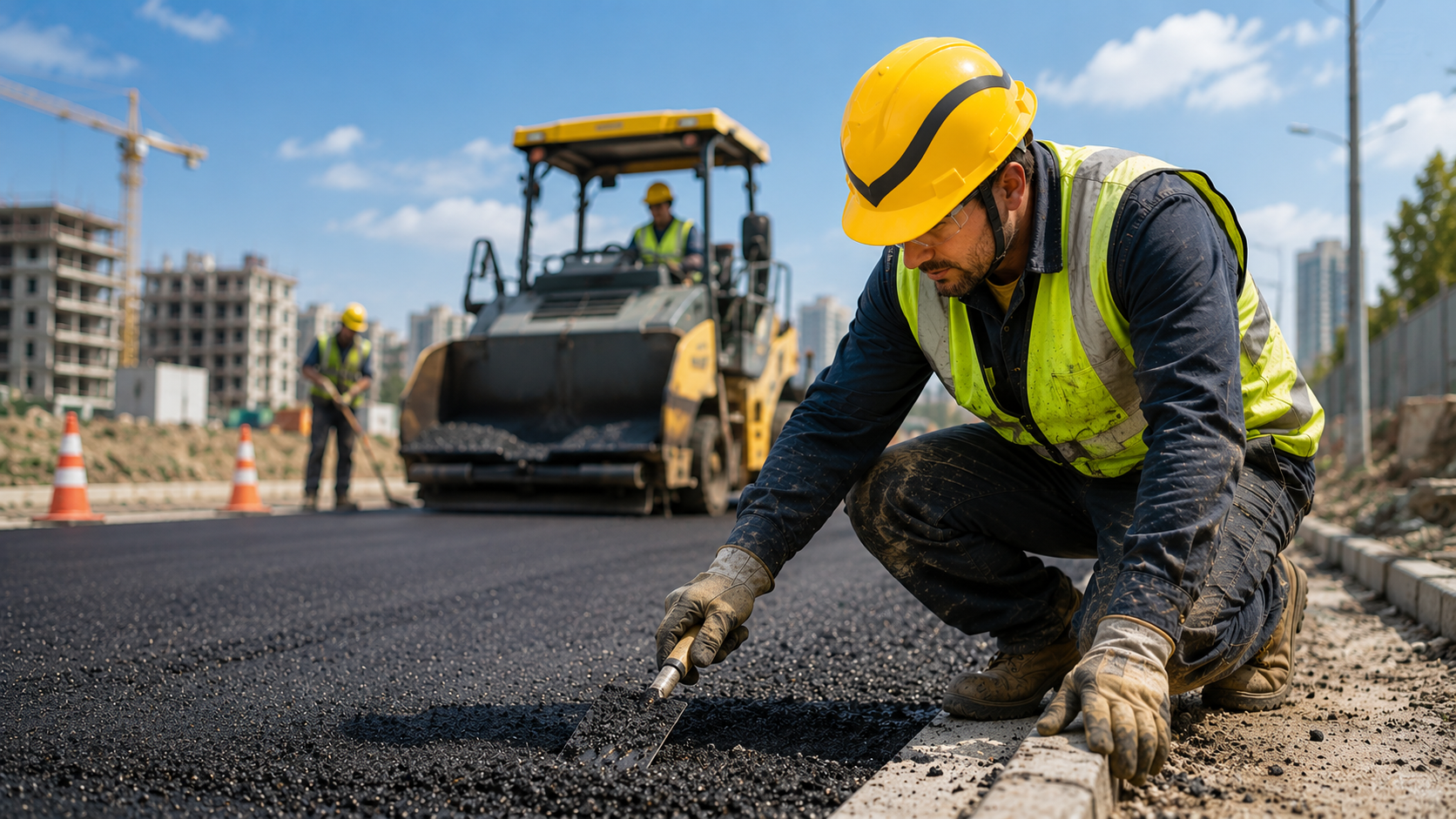 Trabajador de la construcci&oacute;n de carreteras con un casco de seguridad amarillo mientras trabaja en pavimentaci&oacute;n de asfalto