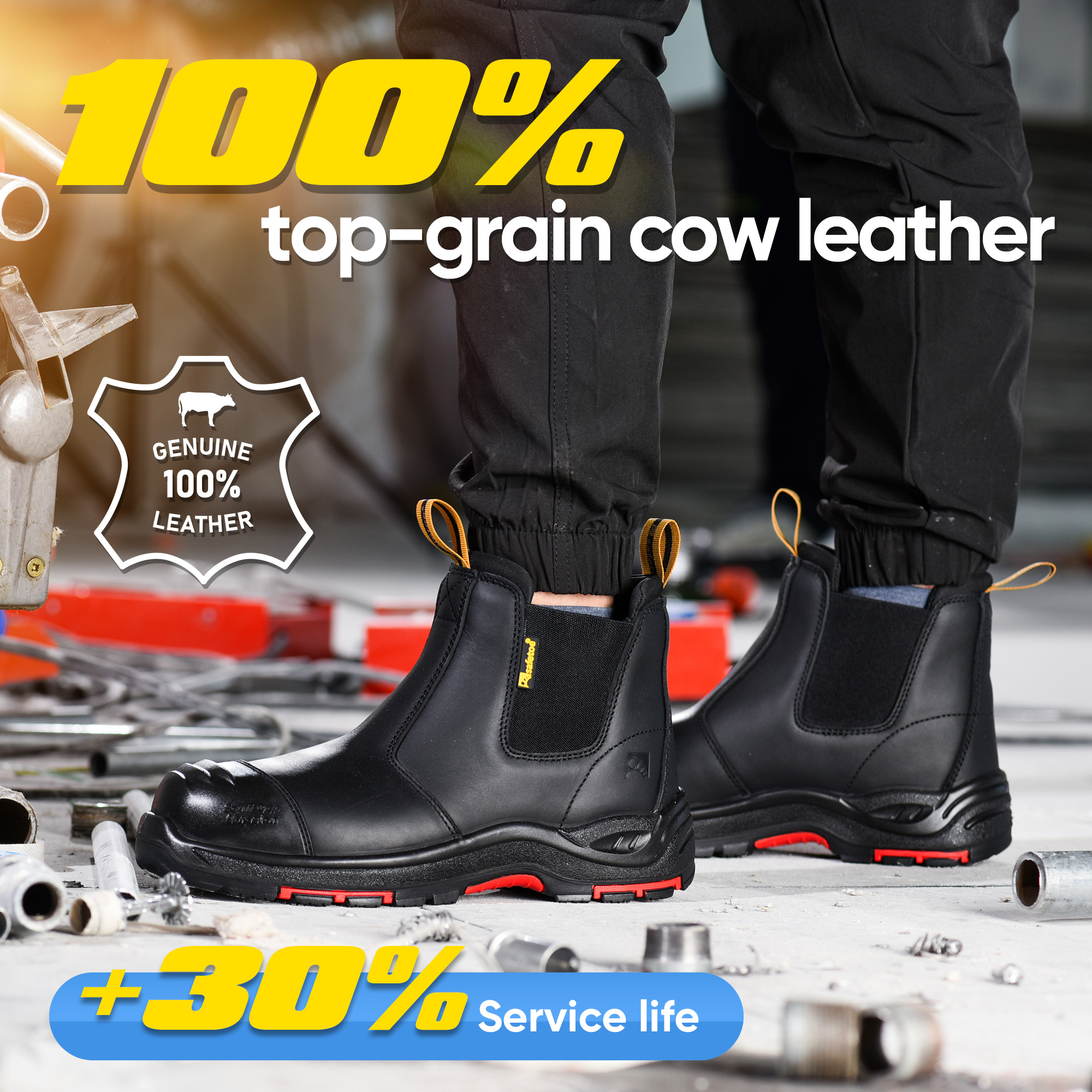 Botas de seguridad sin cordones de cuero negro con puntera compuesta y protección de Kevlar | M-8025NBK