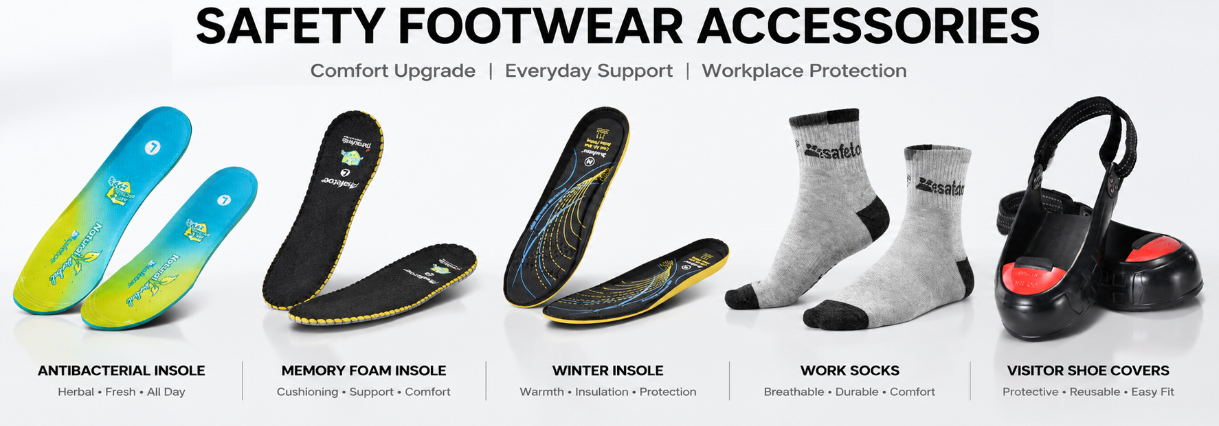 Accesorios para calzado de seguridad, incluidas plantillas cómodas, calcetines de trabajo y cubrezapatos para visitantes para lugares de trabajo profesionales.