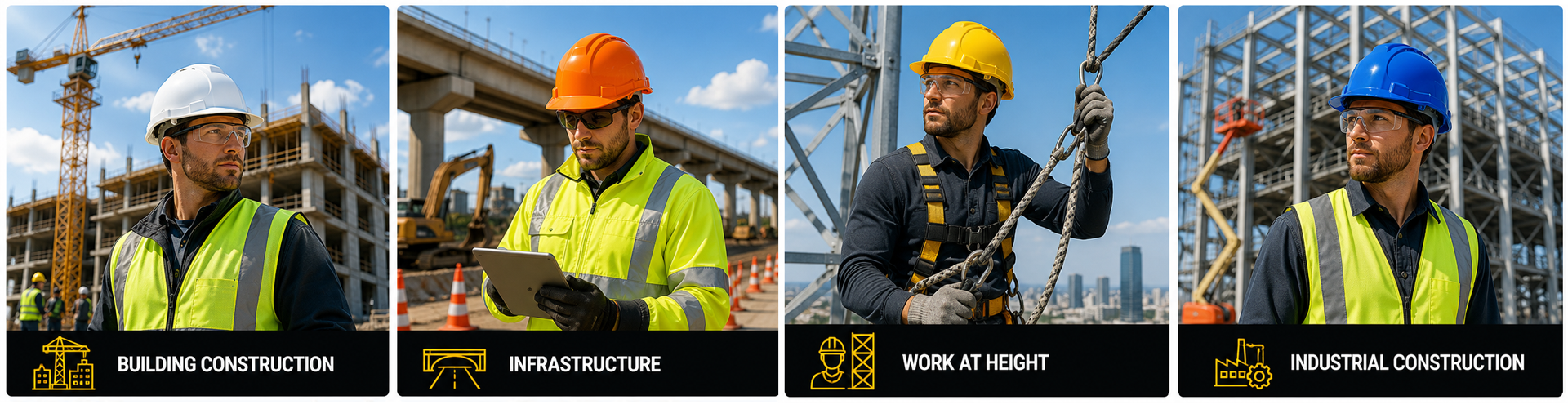 Cascos de seguridad para la construcción para edificación, infraestructuras, trabajos en altura y construcción industrial.