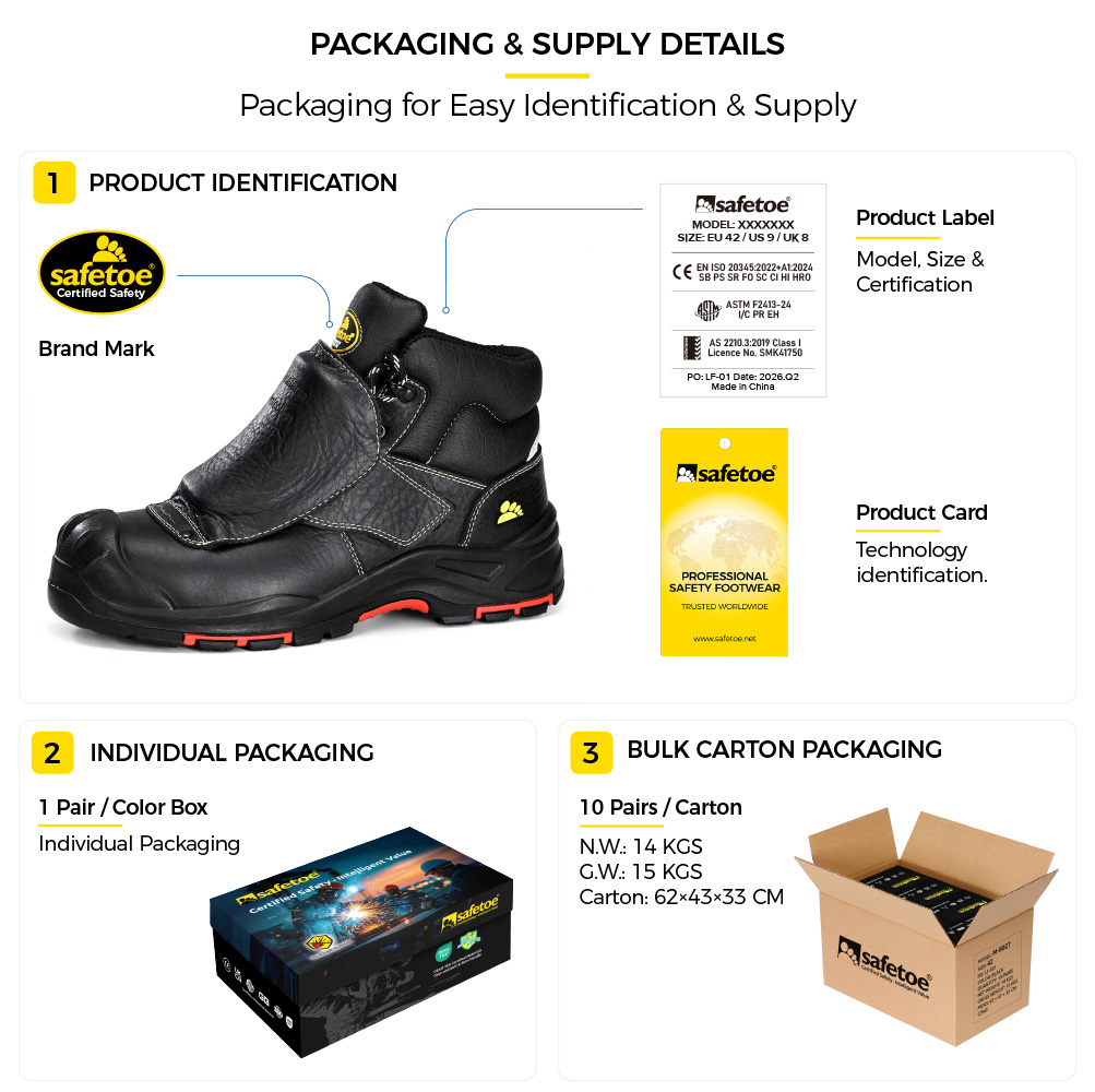 Detalles del empaque de Safetoe Botas de seguridad para soldadura metatarsiana M-8387MP, incluida la etiqueta del producto, caja individual y caja de env&iacute;o a granel