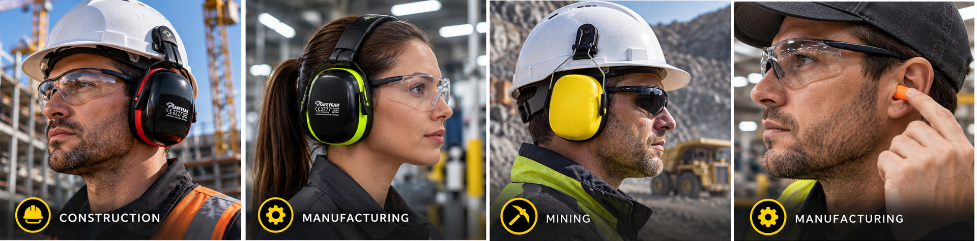 Protección auditiva industrial Safeyear con orejeras de seguridad, orejeras para casco y tapones para los oídos