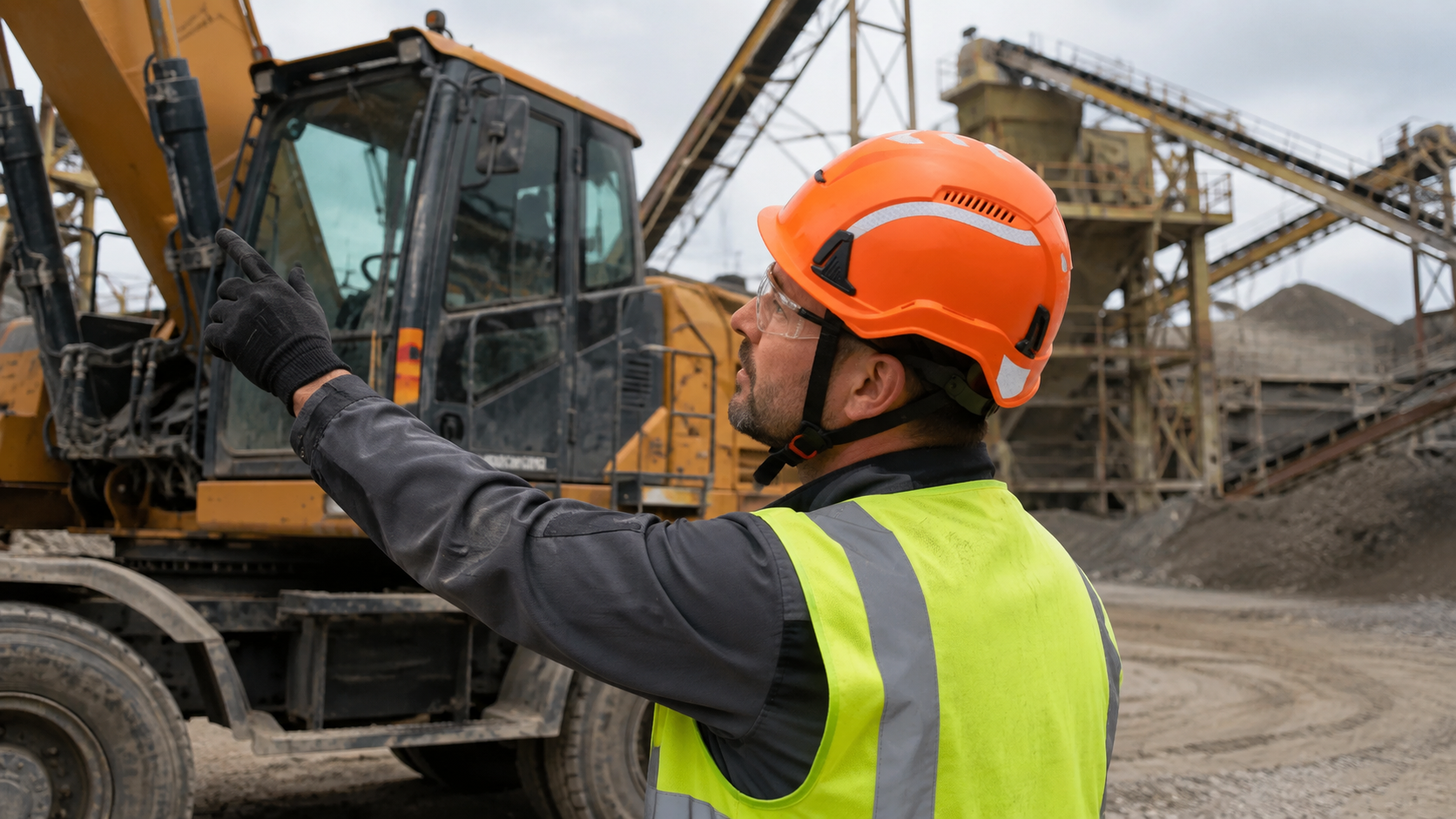 Trabajador industrial con casco de seguridad naranja mientras dirige maquinaria pesada en una cantera