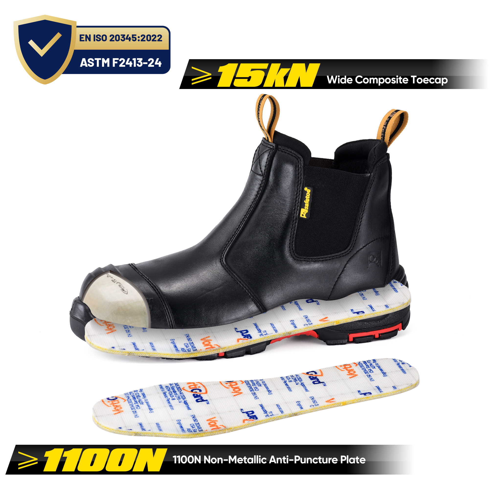 Botas de seguridad sin cordones de cuero negro con puntera compuesta y protección de Kevlar | M-8025NBK