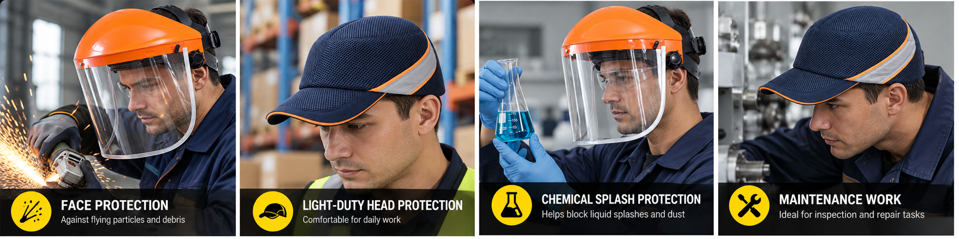 Protectores faciales, gorras antigolpes y accesorios para protección en el lugar de trabajo