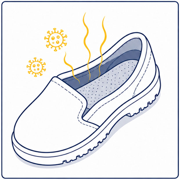 Zapato de seguridad blanco para la industria alimentaria que ilustra problemas de higiene y olores