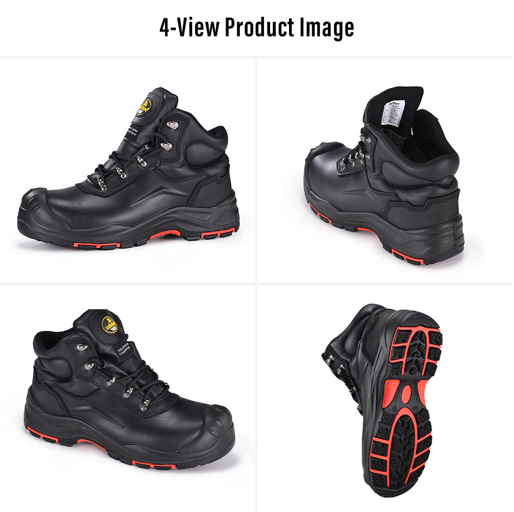Cuatro vistas de las botas de trabajo para miner&iacute;a de cuero negro M-8565 para trabajo pesado