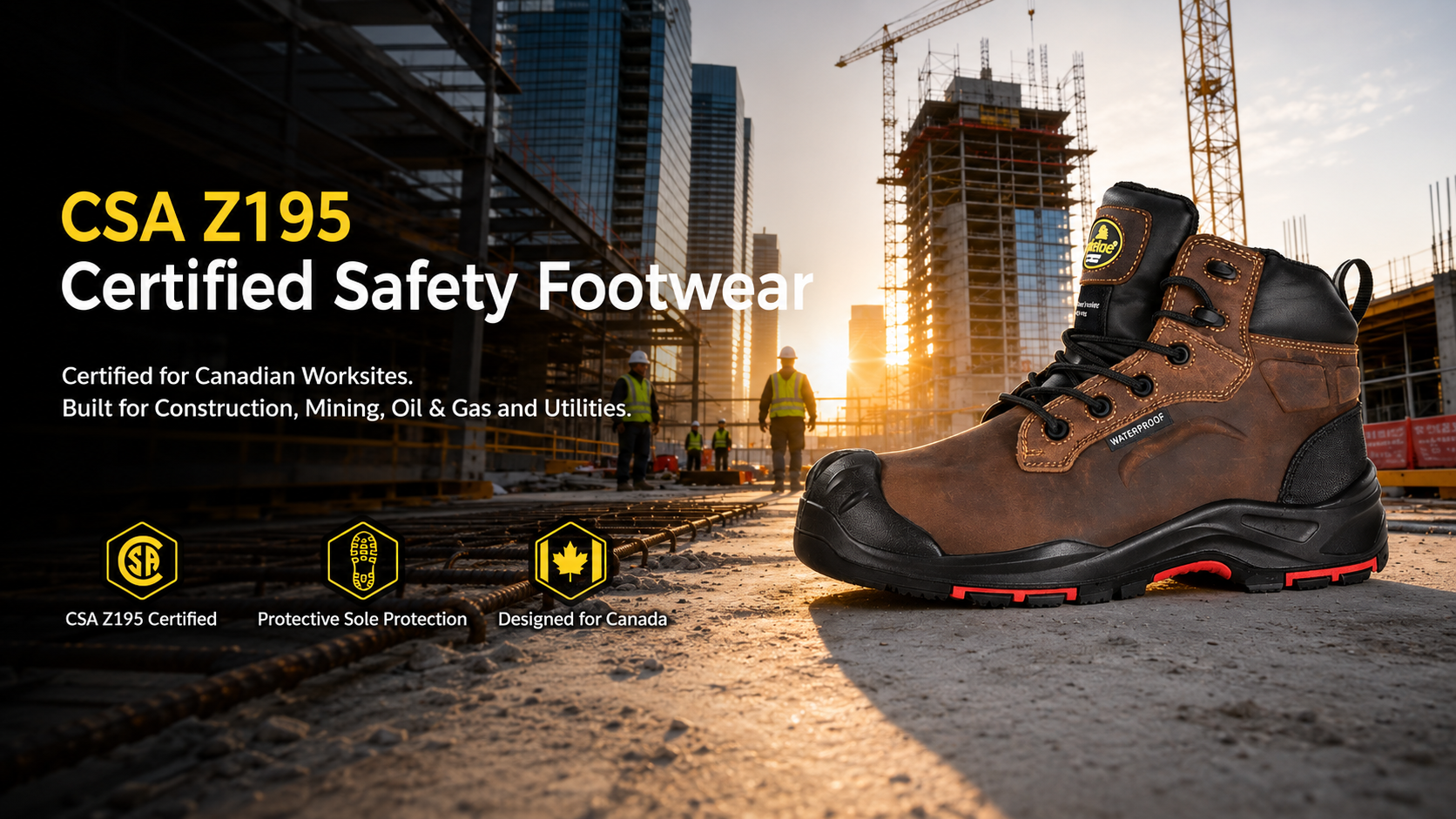 Bota de seguridad marr&oacute;n impermeable con certificaci&oacute;n CSA Z195 exhibida en un sitio de construcci&oacute;n canadiense con trabajadores y gr&uacute;as