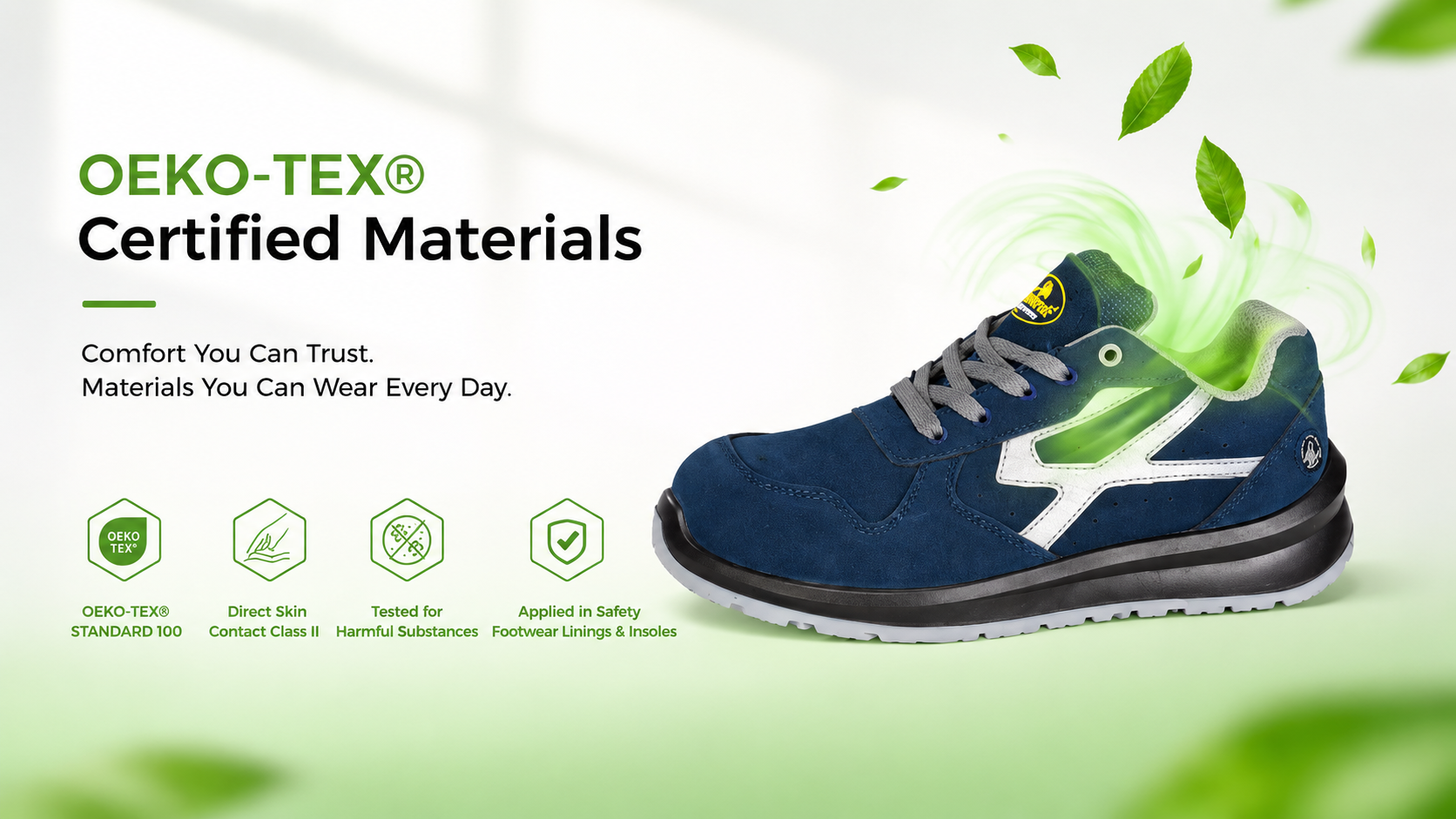 Zapato de seguridad azul con forro y plantilla con certificaci&oacute;n OEKO-TEX&reg; STANDARD 100 y materiales probados para detectar sustancias nocivas.