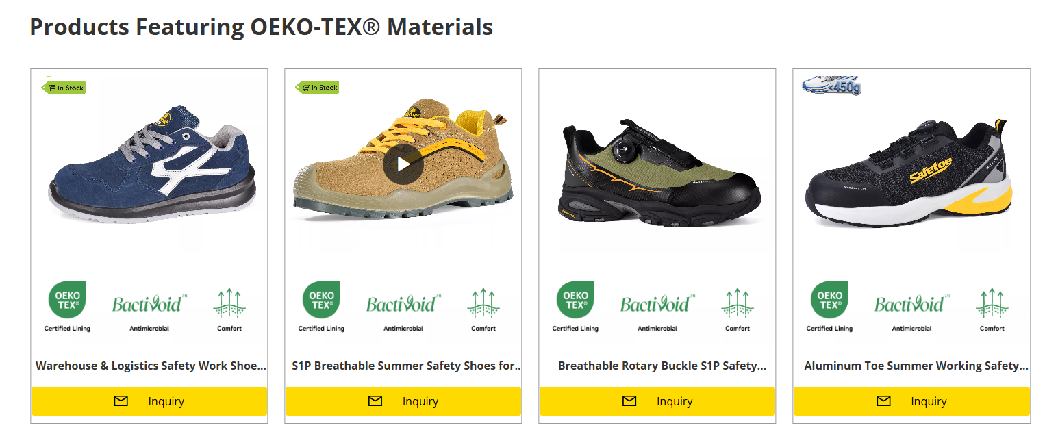 Cuatro zapatos de seguridad SAFETOE con forros certificados OEKO-TEX&reg;, materiales antimicrobianos y tecnolog&iacute;a de confort.