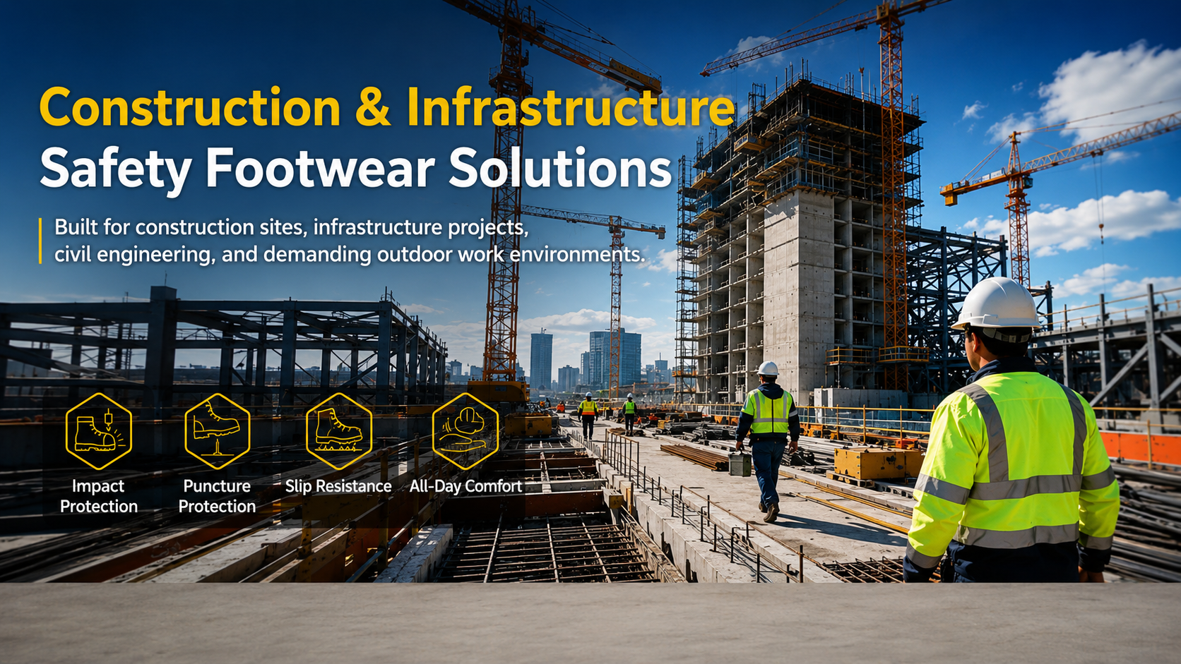 Soluciones de calzado de seguridad para construcci&oacute;n e infraestructura con protecci&oacute;n contra impactos, perforaciones, antideslizante y comodidad durante todo el d&iacute;a.