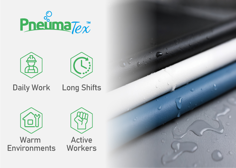 Cuero de microfibra impermeable PneumaTex™ para el trabajo diario, turnos largos, ambientes cálidos y trabajadores activos